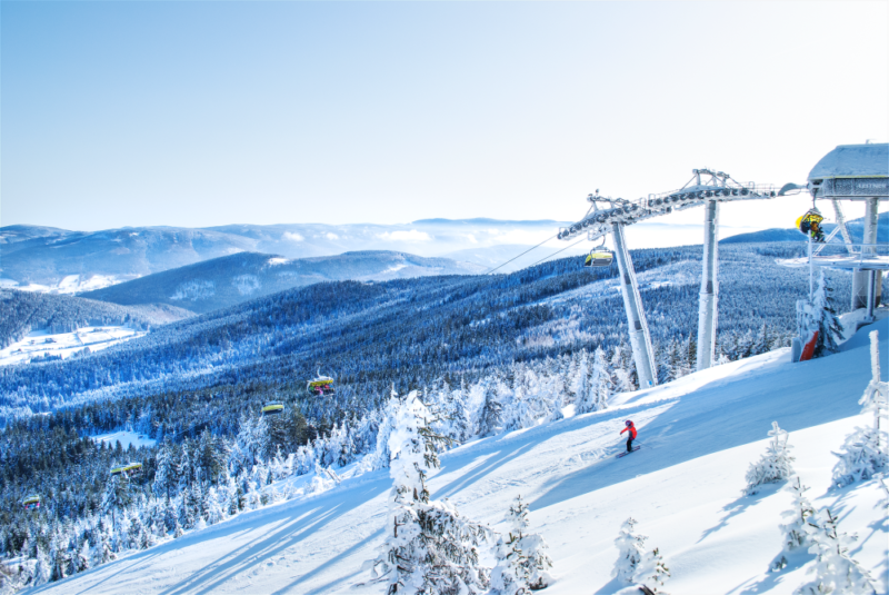 Widok z lotu ptaka na stok, wyciąg oraz panoramę z ośrodka Czarna Góra Resort