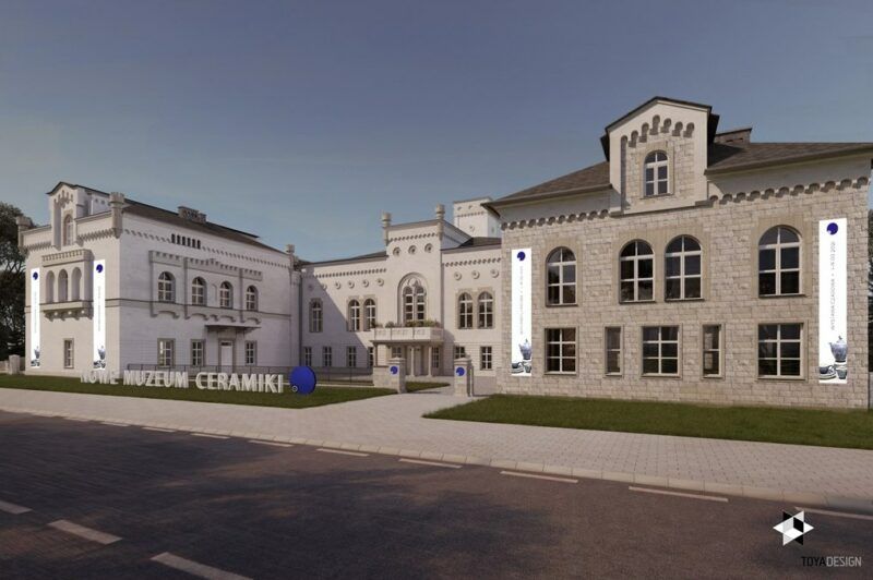 Wizualizacja nowej siedziby muzeum ceramiki przedstawia stylizowany budynek muzeum