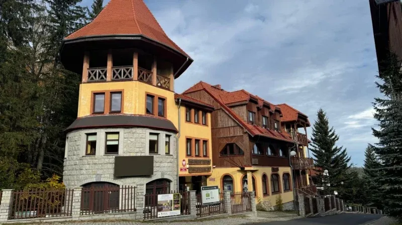 Duży budynek z czerwonym dachem i wieżą, mieszczący się w otoczeniu drzew iglastych. Fasada budynku wykonana jest z kamienia, drewna i żółtego tynku. Budynek położony jest na lekko pochylonej ulicy, ogrodzony metalowo-kamiennym płotem.