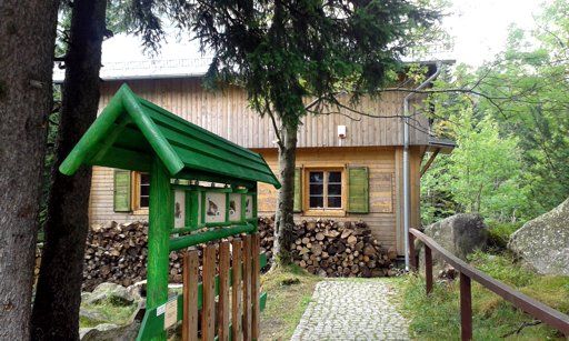 Drewniany domek w lesie, z zielonymi okiennicami i stosem porąbanego drewna ułożonym pod ścianą. Przed budynkiem stoi zielona tablica edukacyjna z daszkiem, ustawiona przy brukowanej ścieżce prowadzącej do wejścia. Otoczenie stanowią drzewa, duże głazy i poręcz z drewnianych bali