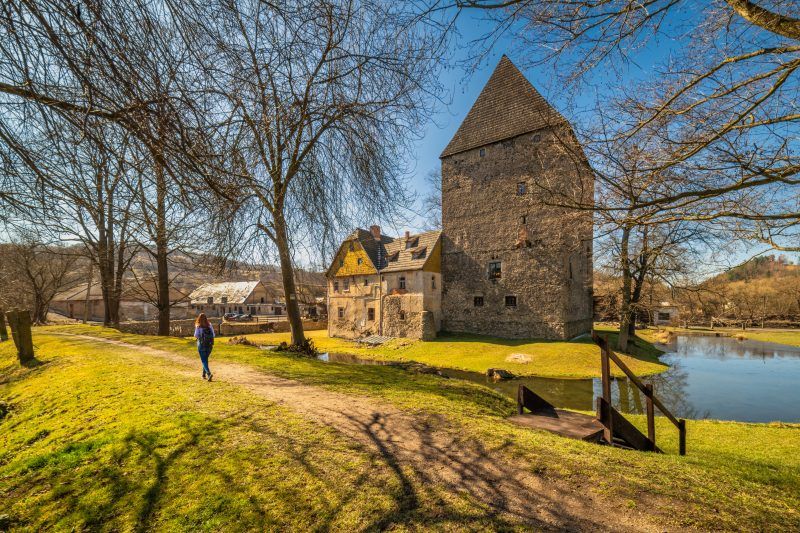 Solidna, prostokątna wieża z kamienia w stylu gotyckim, z wysokim, spadzistym dachem, otoczona fosą i przylegającym budynkiem mieszkalnym.