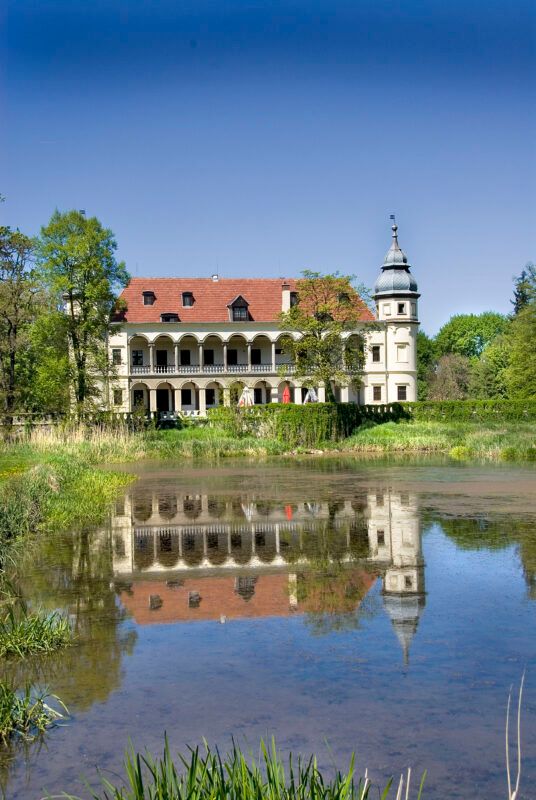 Na zdjęciu widać pałac stojący nad brzegiem jeziora. Ma czerwony dach oraz dwie wieże w narożnikach, a widoczna fasada jest bogata w arkady.