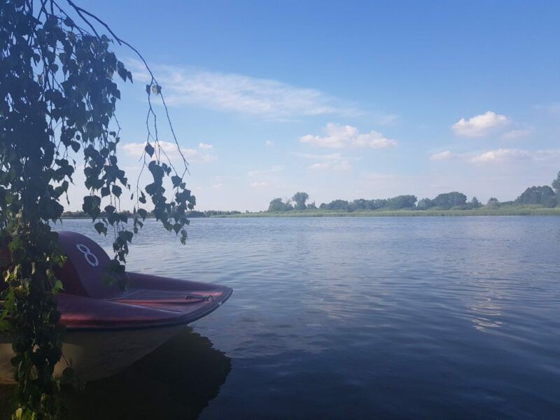 Jezioro z łódką przy brzegu, w oddali brzeg z drzewami 