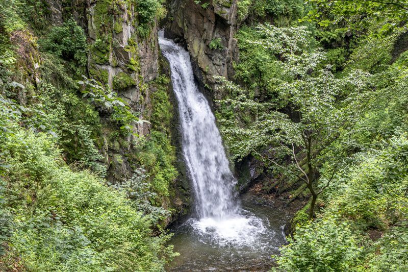 Zdjęcie wodospadu znajdującego się w górzystym terenie