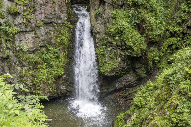 Zdjęcie wodospadu znajdującego się w górzystym terenie