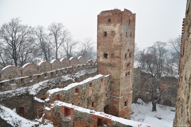 Widok z górnej części obiektu na boczną wieżę zamku. Na drugim planie znajdują się drzewa a cały teren z obrazu jest ośnieżony.