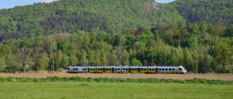 Widok na górę obrośniętą drzewami, pod górą przejeżdża pociąg Koleje Dolnośląskie.