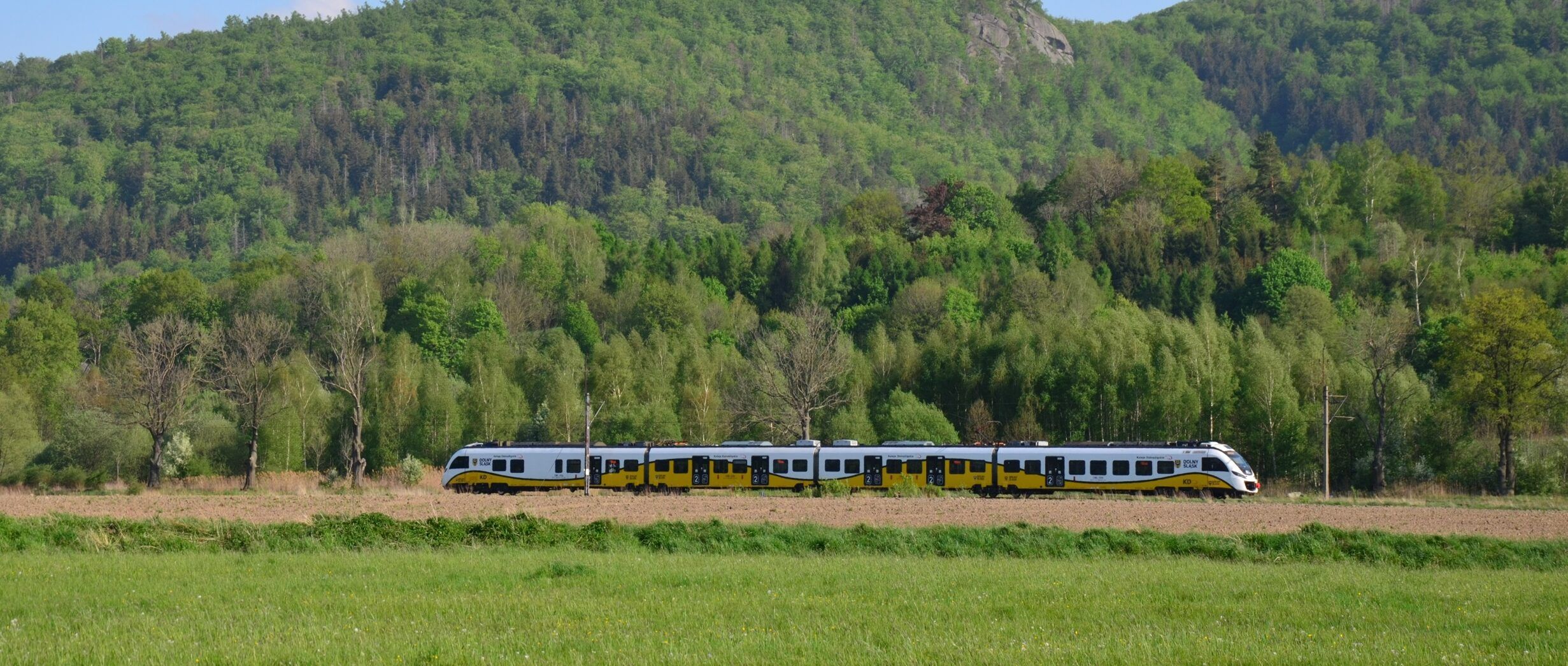 Widok na górę obrośniętą drzewami, pod górą przejeżdża pociąg Koleje Dolnośląskie.