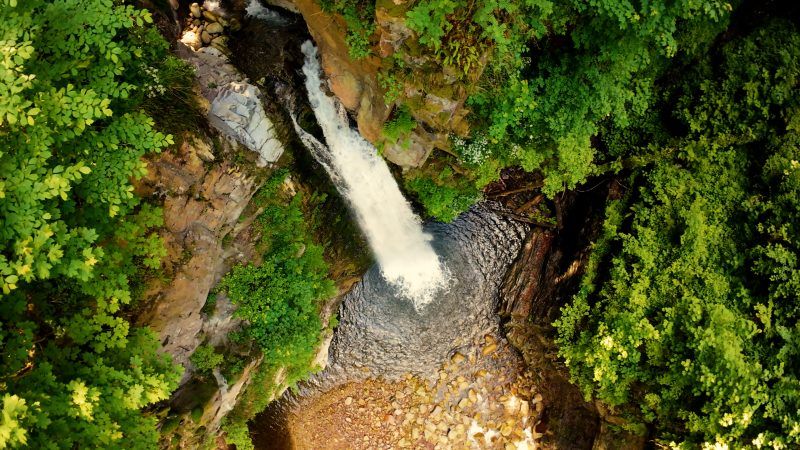 Zdjęcie z wysokości wodospadu położonego między drzewami