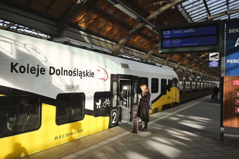 Pociąg stojący na zadaszonym peronie 