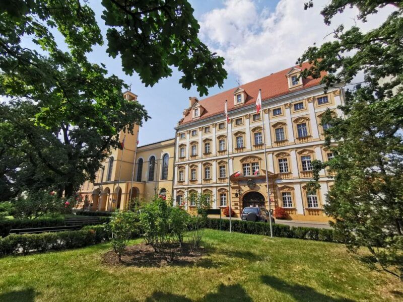 Zabytkowy budynek urzędu miejskiego w Oławie z czerwonym dachem dużymi oknami i żółtą elewacją. 
