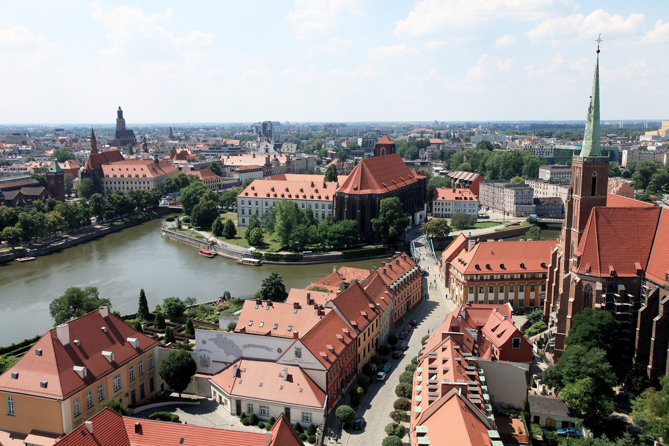 Panorama miasta z zabytkowymi budynkami pokrytymi czerwonymi dachówkami,  znajduje się wyspa i przepływająca rzeka  Odra