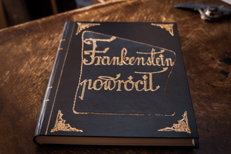 leżąca na drewnianym, starym, zniszczonym stole, księga z dużym napisem na okładce "Frankenstein powrócił"