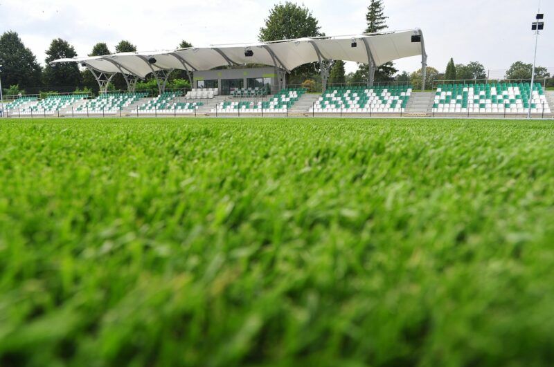 Zdjęcie zielonej, soczystej murawy na stadionie piłkarskim.