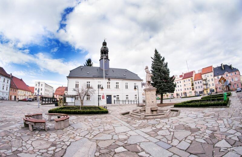 Widok na ratusz, otoczony budynkami.