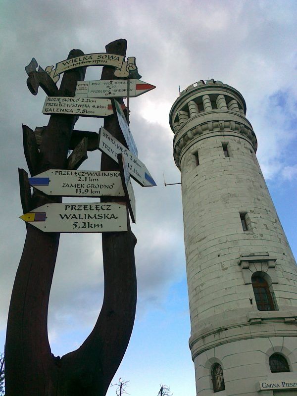zdjęcie wykonane od dołu białej wieży widokowej, obok niej znajdują się tabliczki wskazujące kierunek szlaków turystycznych