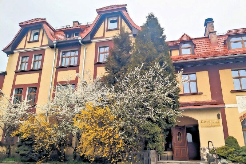 Wysoki, stary budynek hotelowy. Przed wejściem nasadzenia krzewów oraz drzew.