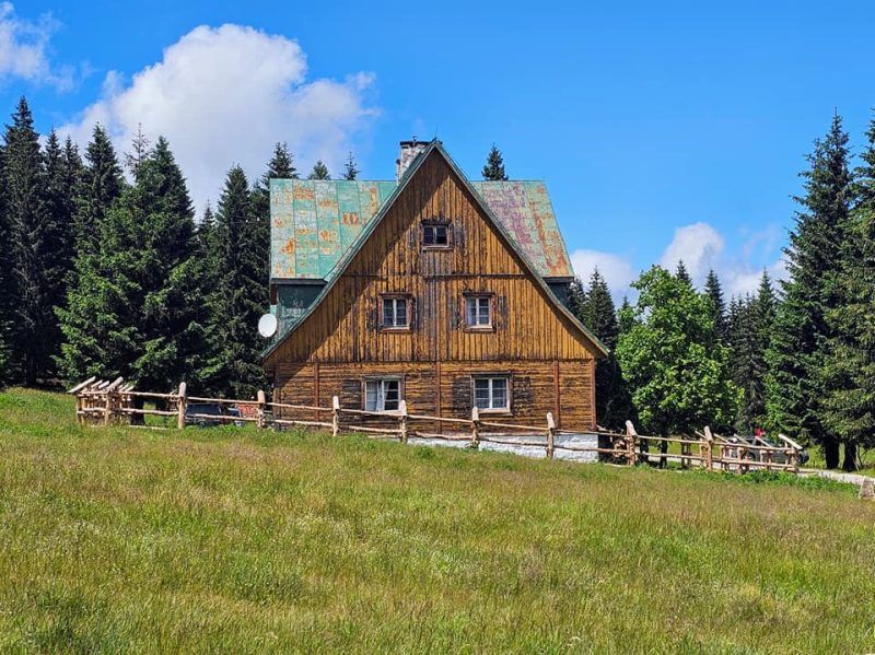 zdjęcie przedstawia drewniane schronisko w kształcie trójkąta, otoczonę lasem iglastym