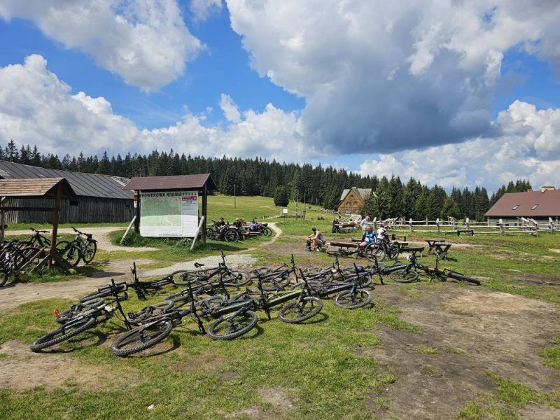 widok na panoramę gór w lekko pochmurny dzień, na pierwszym planie na trawie leży mnóstwo rowerów