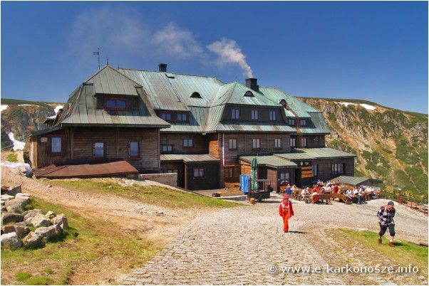 widok w bezchmurny dzień na całe schronisko i drogę przed nim