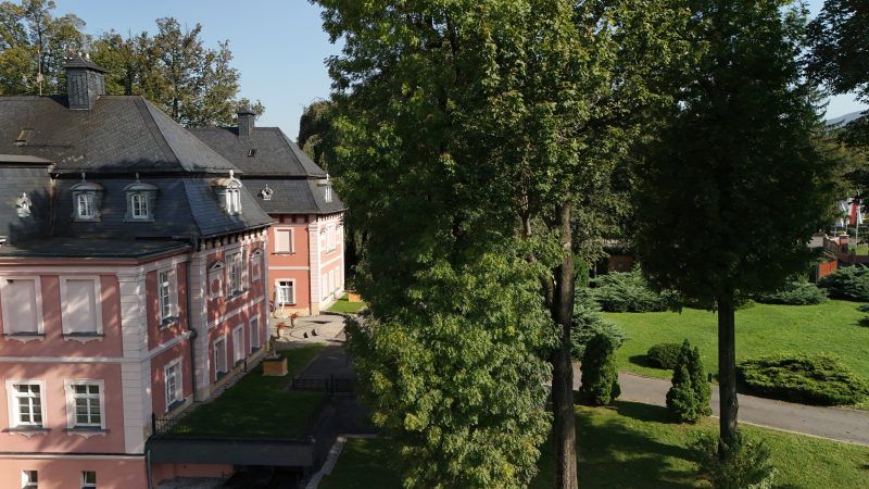 Widok od boku na piętrowy pałac wybudowany na rzucie podkowy, kryty dachem mansardowym. Przed fasadą główną park.