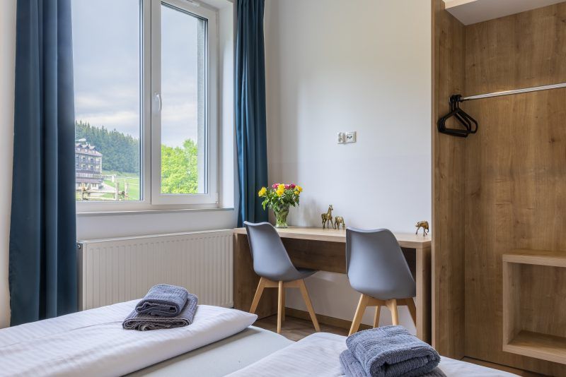 nowoczesny pokój hotelowy z dwoma łóżkami, biurkiem, dużą szafą oraz dużym oknem, przez które rozpościera się widok na górski krajobraz. Wnętrze jest utrzymane w naturalnych, ciepłych barwach, z drewnianymi elementami i minimalistycznymi dekoracjami, takimi jak złote figurki zwierząt na biurku. Na łóżkach złożone ręczniki. 