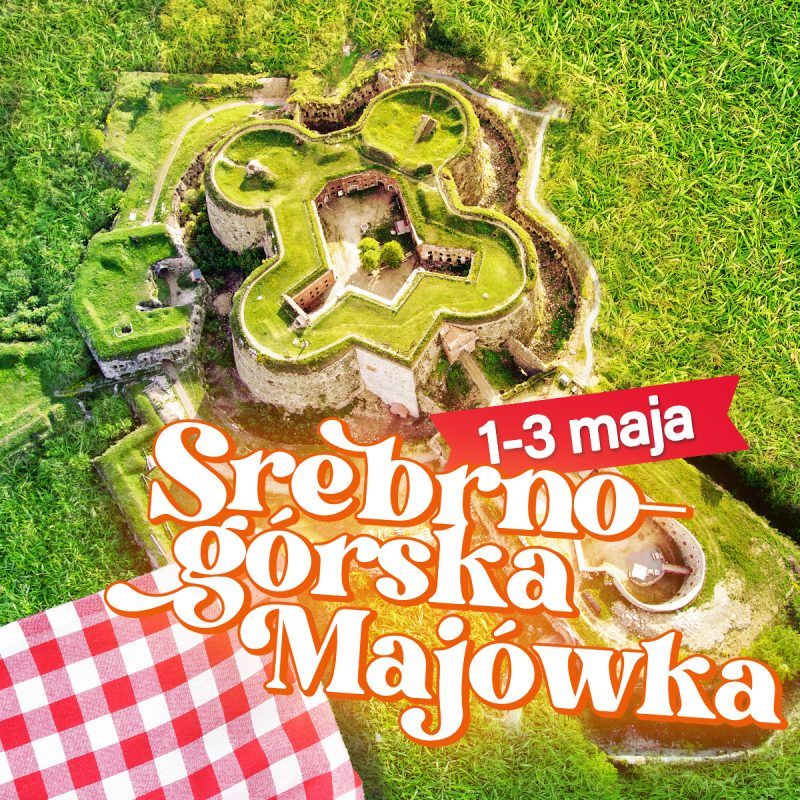 Plakat-grafika ilustracyjna zapraszająca na majówkę w twierdzy srebrna góra w 2025 roku