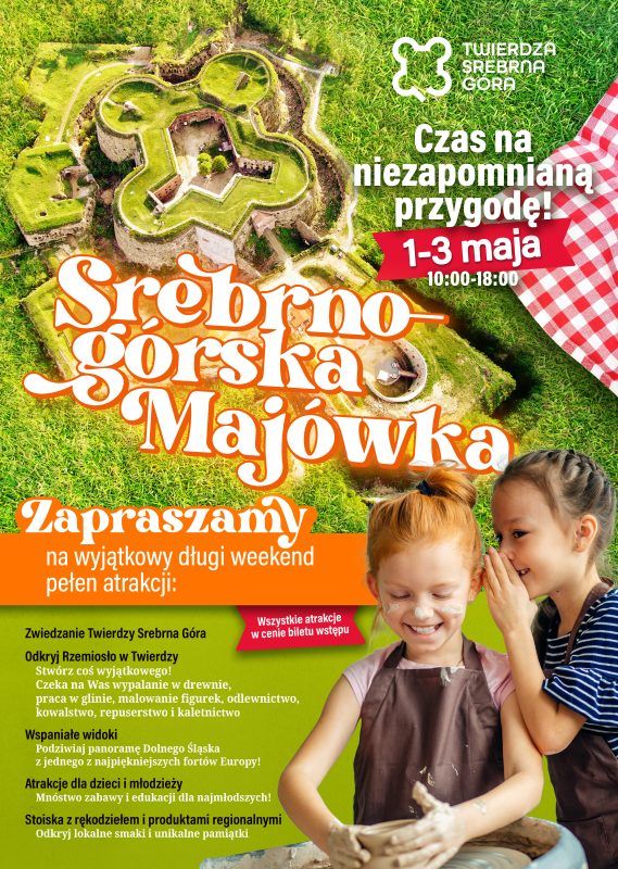 Plakat-grafika ilustracyjna zapraszająca na majówkę w twierdzy srebrna góra w 2025 roku