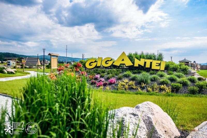 Wielki napis z żółtych liter Gigantei na tle ozdobnego parku