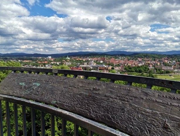 Zdjęcie wykonane z punktu widokowego przedstawia panoramę z Borowego Jaru z miejscowością widoczną w oddali oraz zachmurzonym niebem