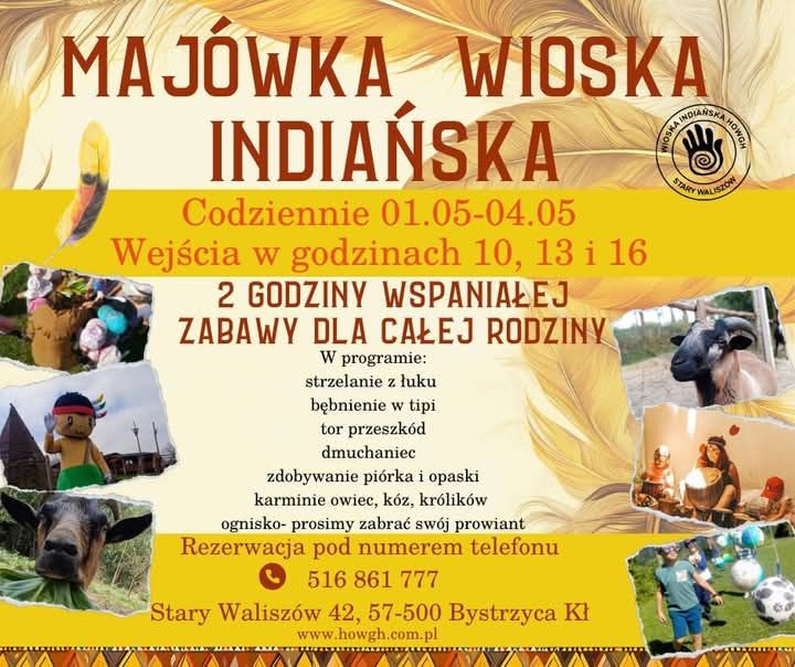 Grafika ilustracyjna majówki w wiosce indiańskiej w 2025 roku