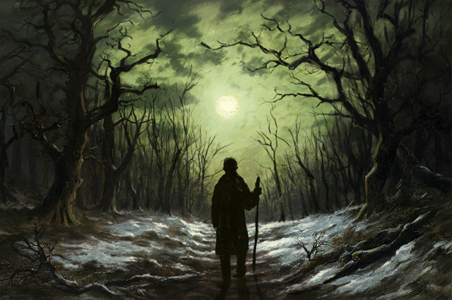 Zdjęcie ilustracyjne filmu Podróż Zimowa przedstawiające mężczyznę maszerującego przez las w zimowej scenerii