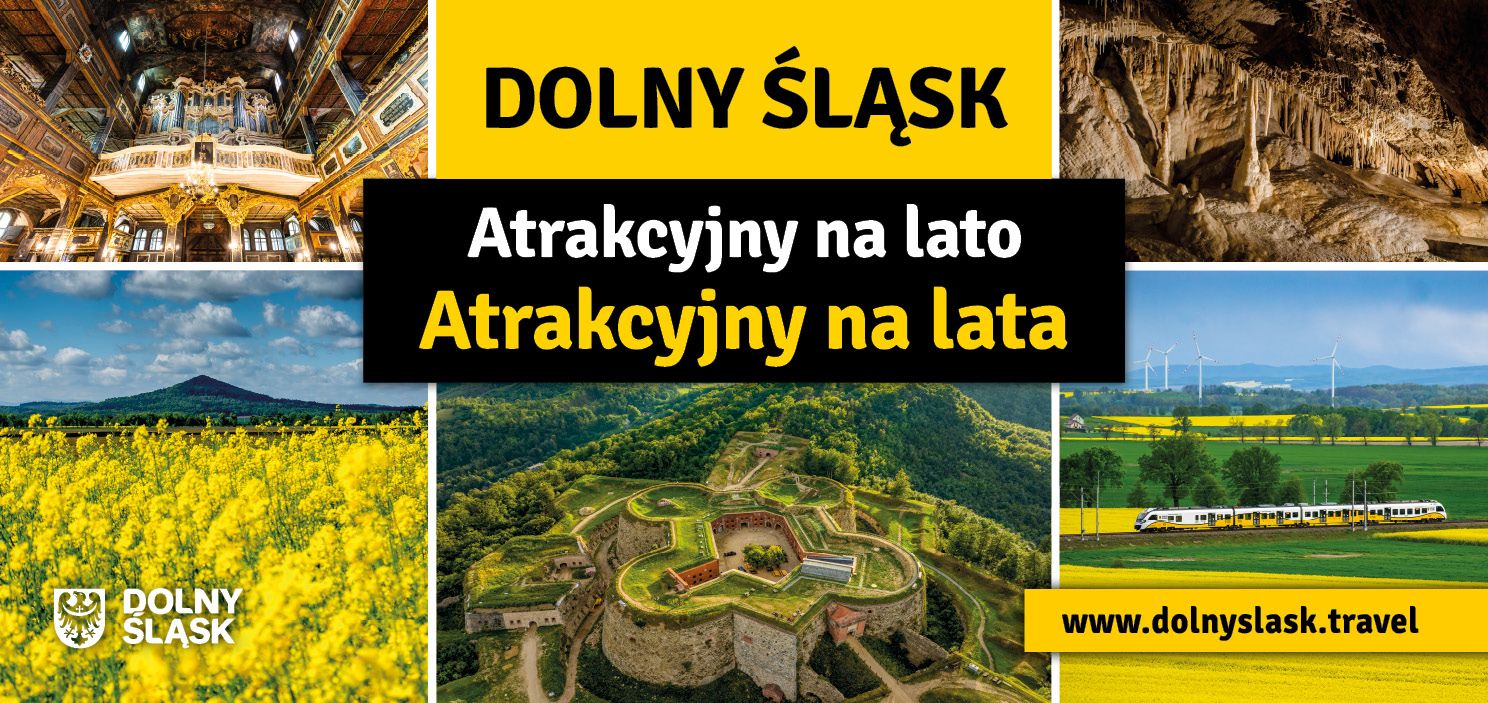 Grafika promocyjna z napisem Atrakcyjny na ;lato Atrakcyjny na lata