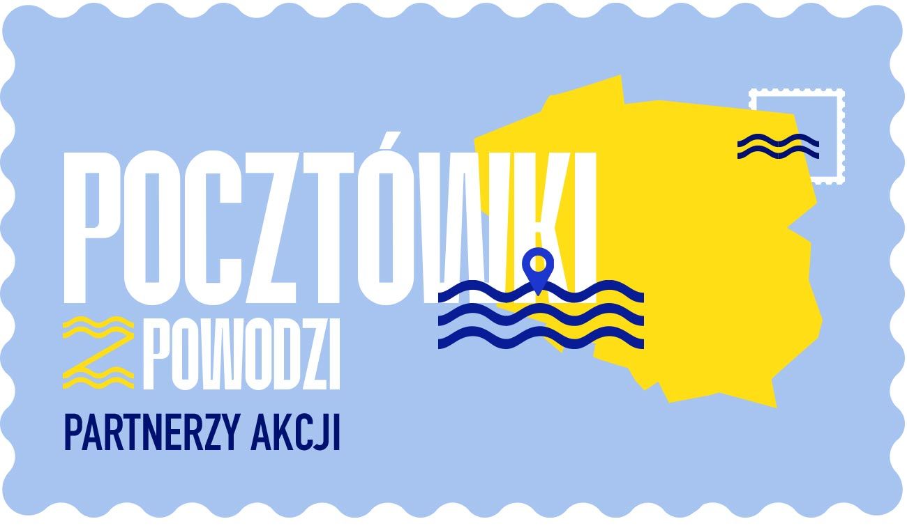 Grafika promocyjna do akcji Pocztówki z powodzi w kolorze jasnoniebieskim z napisami