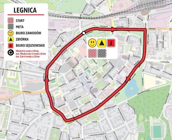 Mapka ilustrująca trasę rowerową wyścigu tdp Junior w Legnicy w 2025