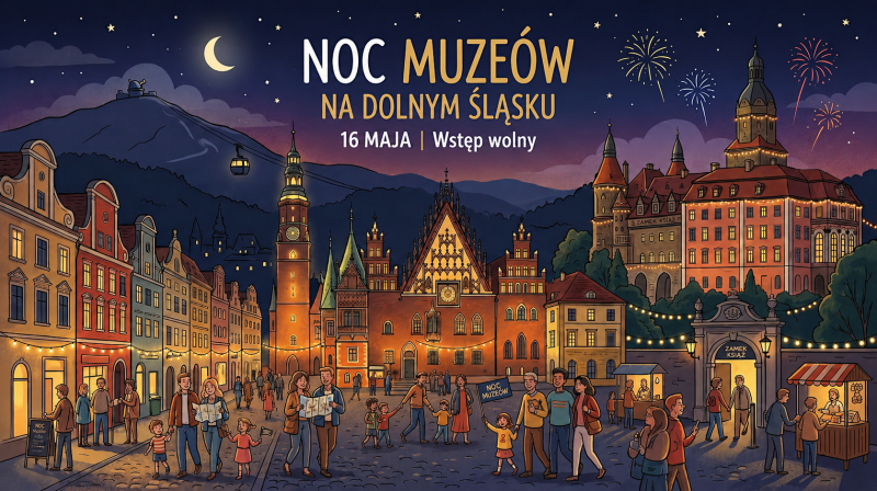 Grafika ilustracyjna Nocy Muzeów 2026 na Dolnym Śląsku