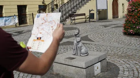 Al centro della foto si vede la sagoma di un gatto seduto su un muretto di cemento. In primo piano c'è anche il braccio di un uomo che tiene in mano una mappa con il percorso segnato. In lontananza si vedono delle scale e un'aiuola.